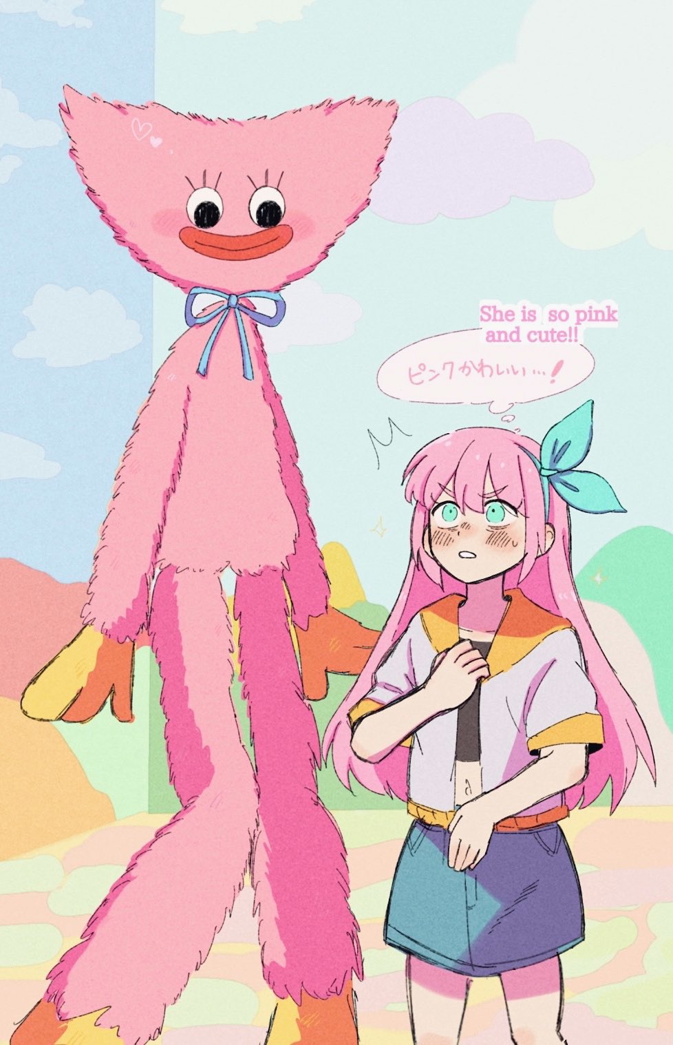 1girl, aubrey_(faraway)_(omori), aubrey_(omori), bilingual_text, blue_eyes, blue_hairband, blue_skirt, blush