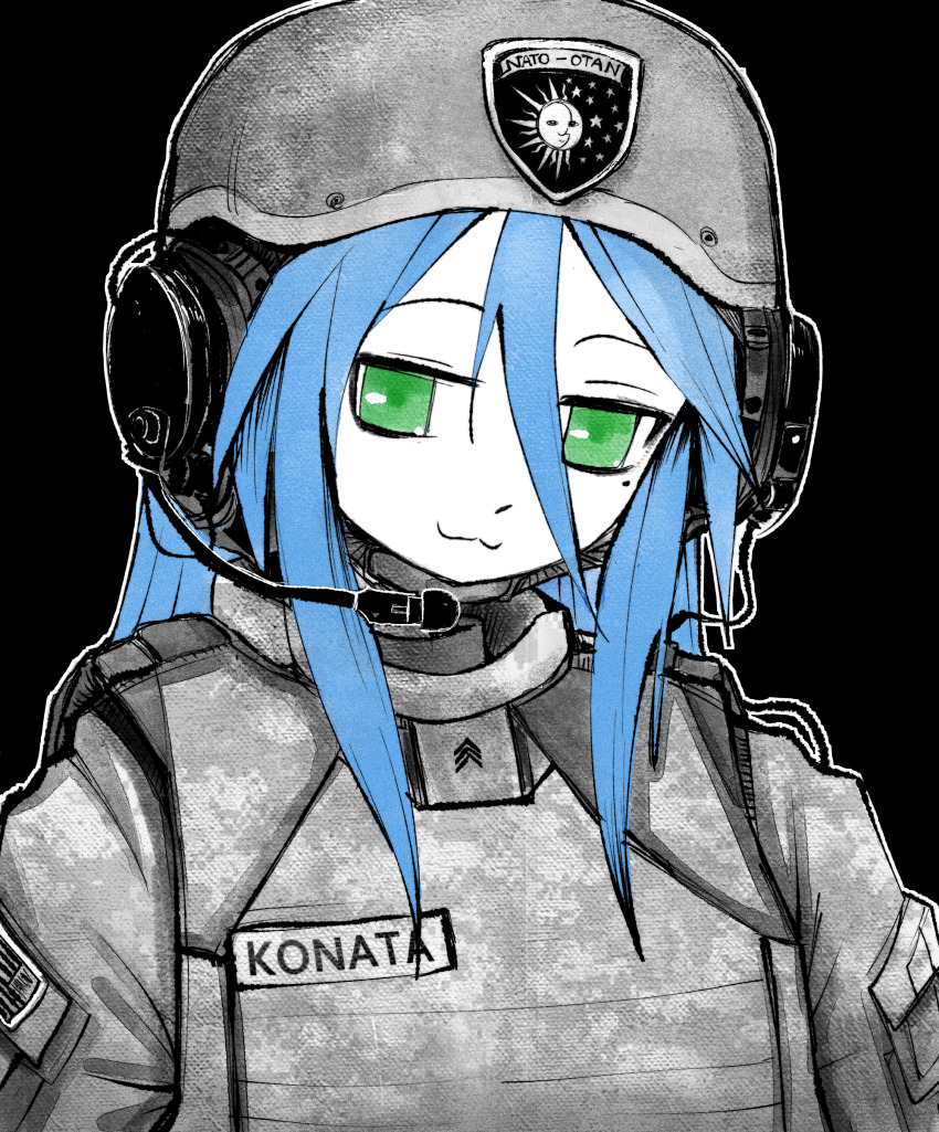 1girl, :3, absurdres, american_flag, black_background, blue_hair, body_armor, bulletproof_vest