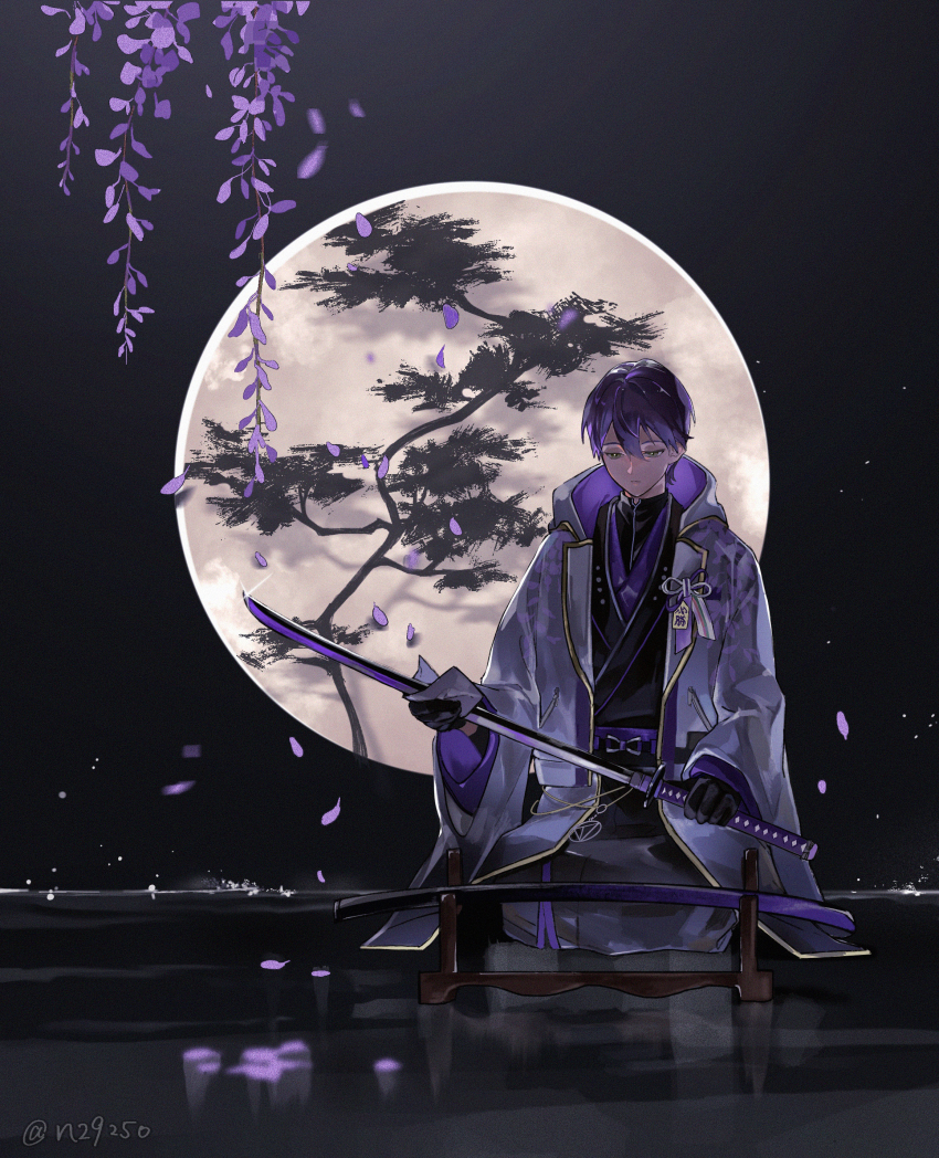 1girl, absurdres, black_gloves, black_kimono, closed_mouth, coat, commentary_request, falling_petals, flower, full_moon, gloves, highres, holding, holding_sword, holding_weapon, japanese_clothes, katana, kenmochi_touya, kenmochi_touya_(10th_costume), kimono, male_focus, moon, nijisanji, petals, purple_flower, purple_hair, purple_petals, sitting, solo, sumi_(n29250), sword, twitter_username, virtual_youtuber, weapon, white_coat, yellow_eyes
