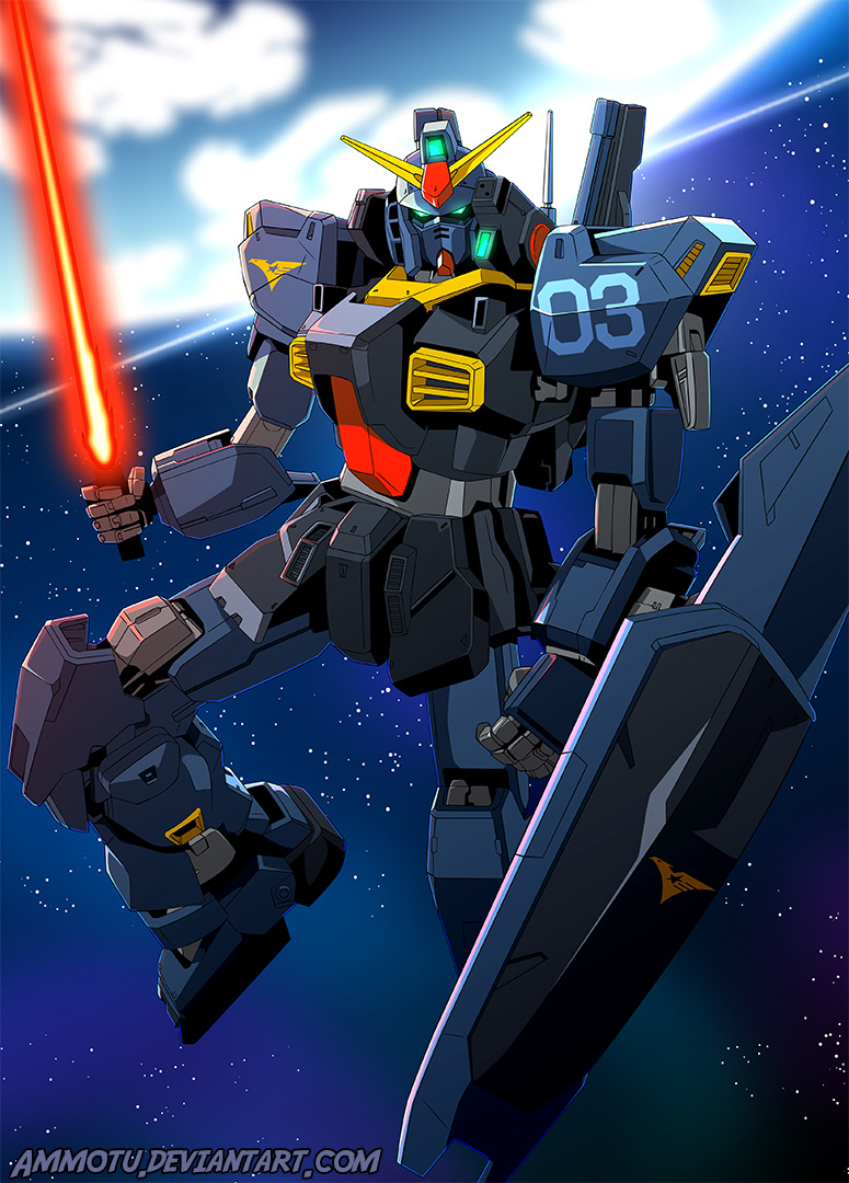 ammotu, blue_eyes, cloud, cloudy_sky, commentary, deviantart_username, energy_sword, english_commentary, exposed_internal_machinery, flying, gundam, gundam_mk_ii, machinery, mecha, mecha_focus, mobile_suit, no_humans, ocean, radio_antenna, robot, roundel, science_fiction, shield, signature, sky, sword, titans_(gundam), v-fin, water, weapon, zeta_gundam