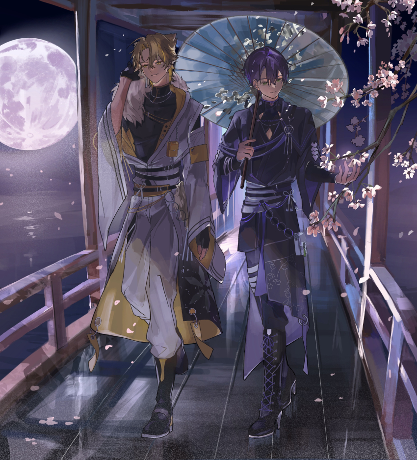 2boys, absurdres, black_boots, black_gloves, blonde_hair, boots, cherry_blossoms, closed_mouth