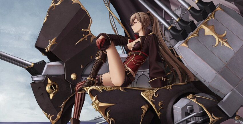 1girl, arm_on_knee, asymmetrical_footwear, asymmetrical_legwear, azur_lane, belt, black_jacket, black_shorts, boots, breasts, brown_hair, cannon, choker, cleavage, cleavage_cutout, clothing_cutout, corset, cross-laced_clothes, earrings, epaulettes, flag, flagpole, gloves, gold_trim, half_gloves, high_ponytail, highres, jacket, jean_bart_(azur_lane), jewelry, kazuodum, knee_boots, lace-up_boots, long_hair, long_sleeves, looking_to_the_side, machine, o-ring, o-ring_choker, ponytail, red_corset, red_eyes, rigging, ship_turret, short_shorts, shorts, single_knee_boot, sitting, skull, skull_belt, small_breasts, striped_clothes, striped_thighhighs, thighhighs, vertical-striped_clothes, vertical-striped_thighhighs