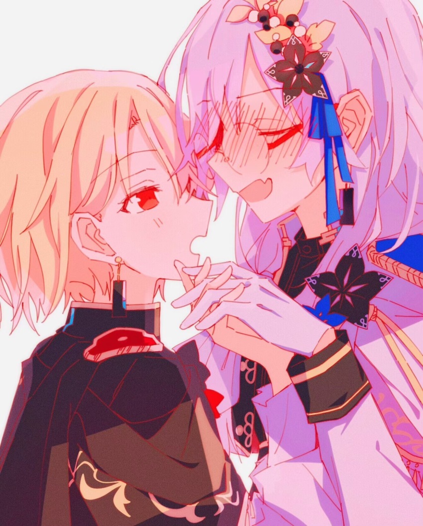 2girls, blonde_hair, blush, closed_eyes, glasses, grey_hair, hair_ornament, hair_over_shoulder