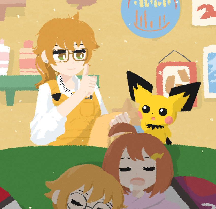 1boy, 2girls, :o, ahoge, brown-framed_eyewear, brown_eyes, brown_hair, chan_chiho