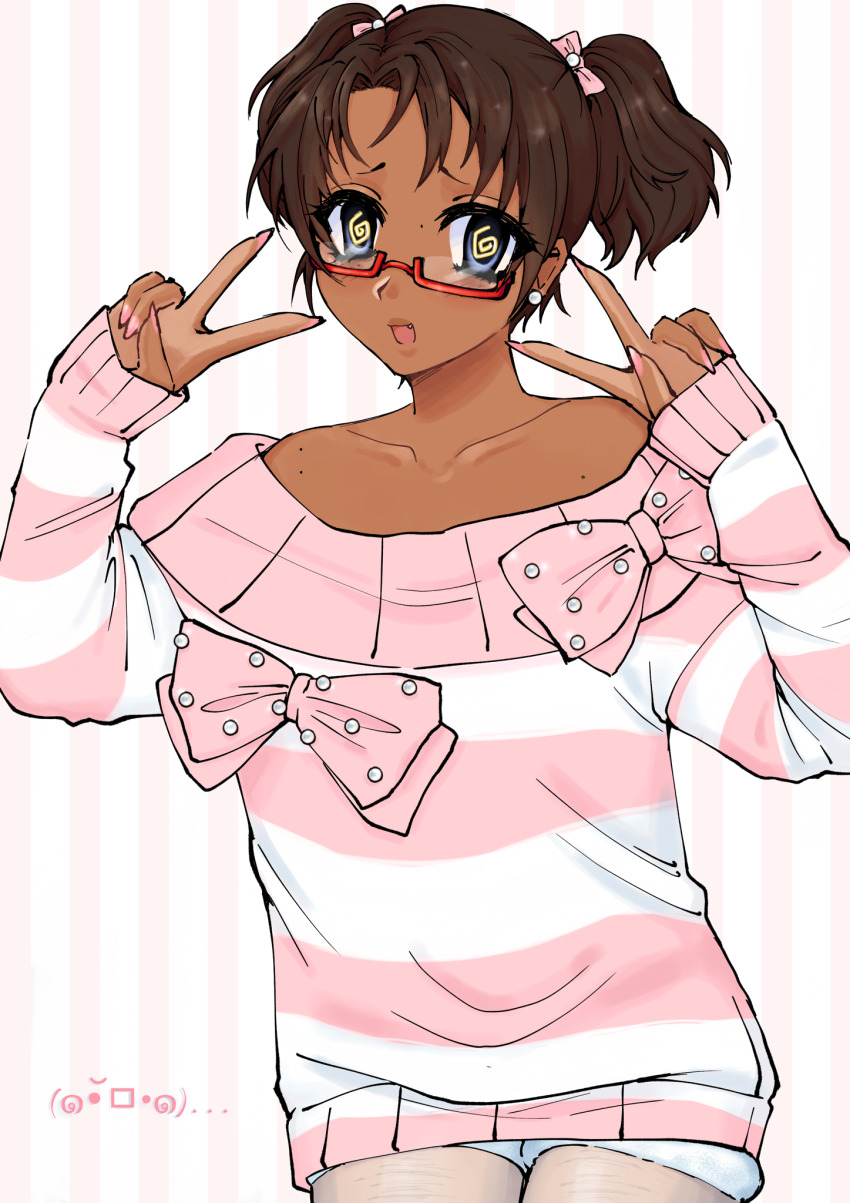 1girl, 2000s_(style), @_@, bad_id, bad_tumblr_id, blue_eyes, bow, brown_hair