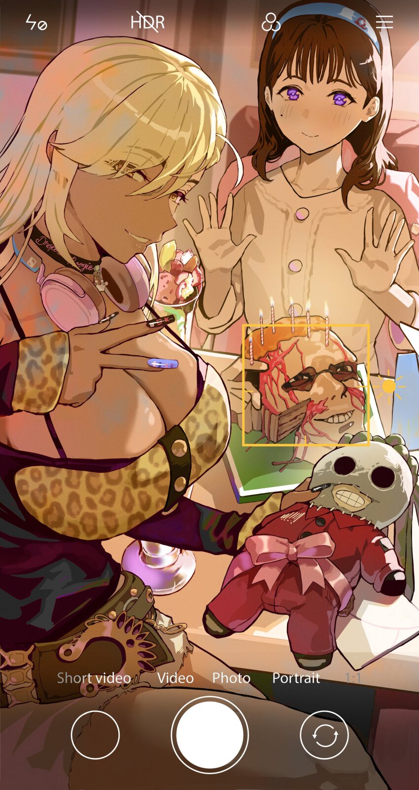2girls, absurdres, animal_print, belt, black_choker, blonde_hair, blush, breasts