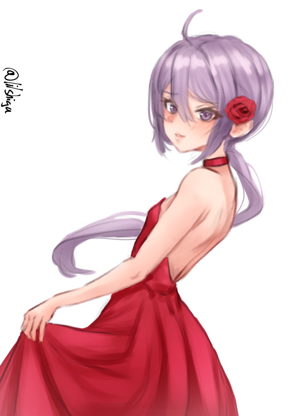1girl, ahoge, akebono_(12th_anniversary)_(kancolle), akebono_(kancolle), backless_dress, backless_outfit, dress, flower