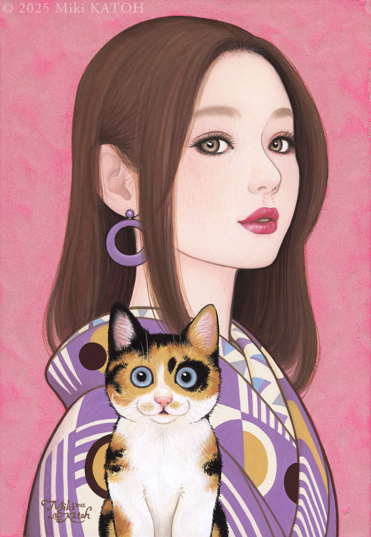 1girl, 2025, animal, blue_eyes, brown_eyes, brown_hair, calico_(pattern), calico_cat