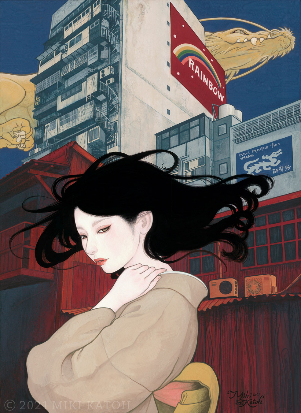 1girl, 2021, black_hair, closed_mouth, dragon, highres, makeup, miki_katoh_(hinamokuren), original, outdoors, pale_skin, signature, sky, solo, standing, watermark, yellow_dragon, yellow_eyes