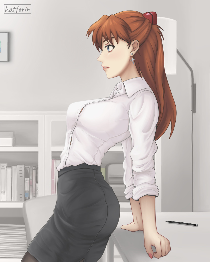 1girl, absurdres, alternate_costume, black_skirt, blue_eyes, book, breasts, brown_hair, button_gap, collared_shirt, cross, cross_earrings, earrings, facing_to_the_side, from_side, hairpods, hattorin, highres, indoors, jewelry, looking_ahead, neon_genesis_evangelion, office_lady, pantyhose, parted_lips, pencil, pencil_skirt, shirt, skirt, small_breasts, solo, souryuu_asuka_langley, table, white_shirt