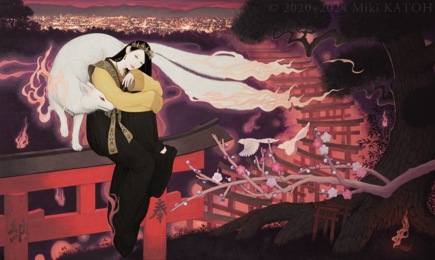 1girl, acrylic_gouache_(medium), animal, bird, cherry_blossoms, city_lights, closed_mouth, earrings