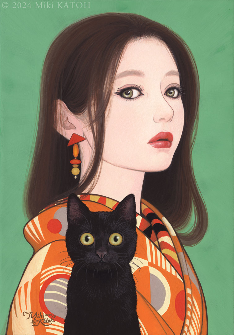 1girl, animal, cat, closed_mouth, earrings, green_background, japanese_clothes, jewelry