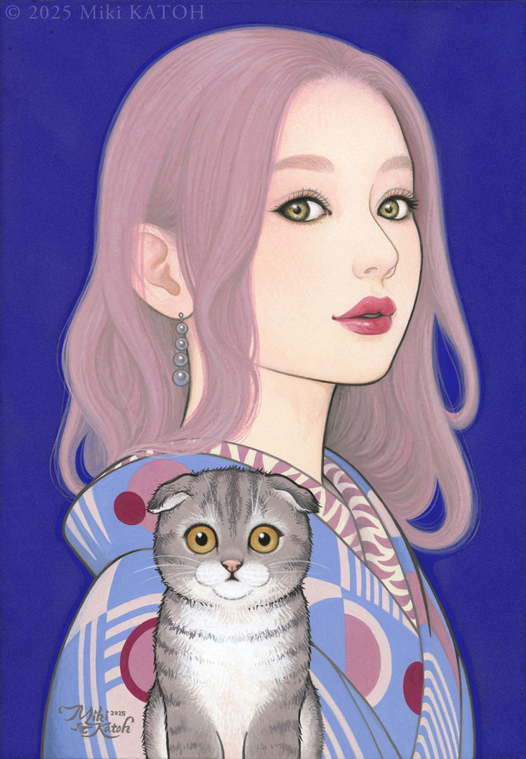 1girl, 2025, animal, blue_background, blue_kimono, cat, dated, earrings