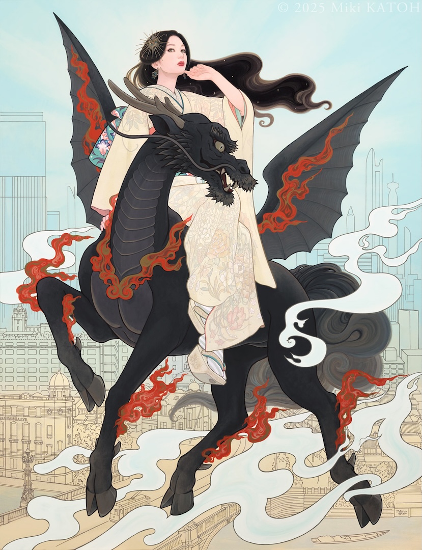 1girl, animal, architecture, bat_wings, black_dragon, black_hair, blue_sky, closed_mouth