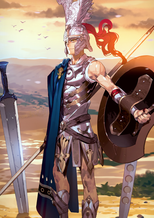 1boy, arm_at_side, armor, armored_boots, blue_cape, boots, bracer, breastplate, cape, closed_mouth, dark-skinned_male, dark_skin, fate/grand_order, fate_(series), feet_out_of_frame, game_cg, greco-roman_clothes, helmet, holding, holding_polearm, holding_shield, holding_weapon, looking_at_viewer, male_focus, morii_shizuki, official_art, outdoors, outstretched_arm, planted, planted_sword, planted_weapon, plume, polearm, ptolemy_(fate), ptolemy_(second_ascension)_(fate), shield, side_cape, single_bare_shoulder, smile, solo, spear, sword, third-party_source, toned, toned_male, variant_set, weapon, yellow_eyes