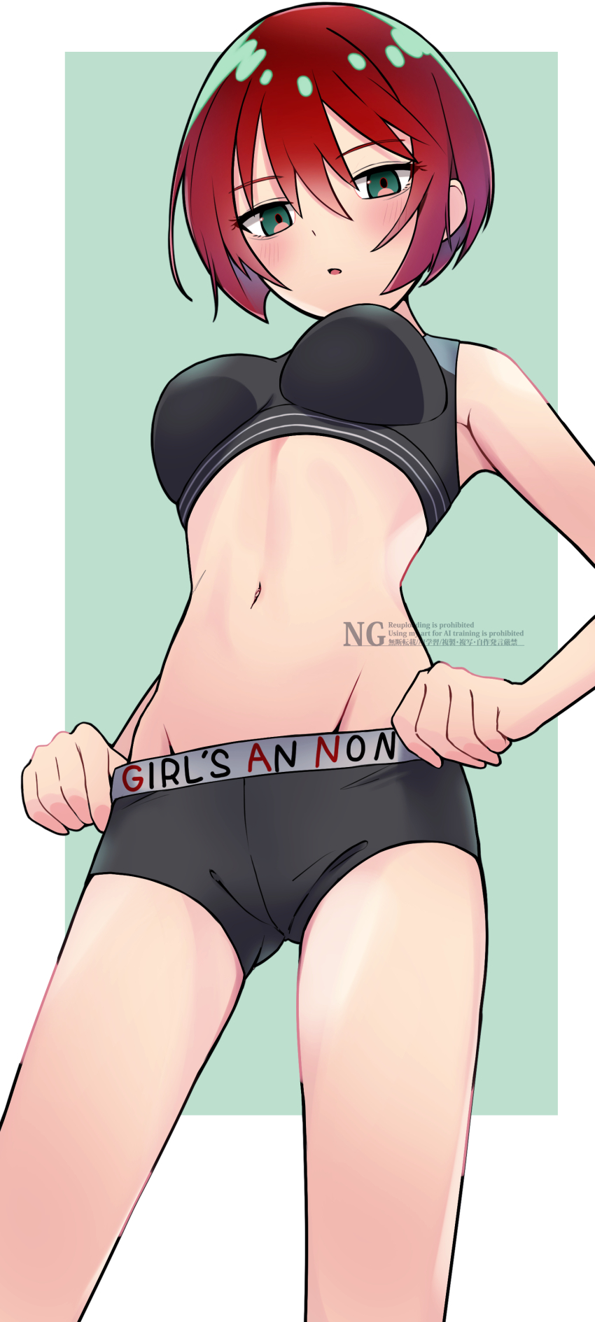 1girl, absurdres, amate_yuzuriha, aqua_eyes, bike_shorts, black_sports_bra, blush, breasts, commentary, cowboy_shot, english_text, gundam, gundam_gquuuuuux, harii_(janib5kc), highres, holding, looking_at_viewer, midriff, mixed-language_text, navel, parted_lips, red_hair, short_hair, shorts, solo, sports_bra, sportswear, stomach, watermark