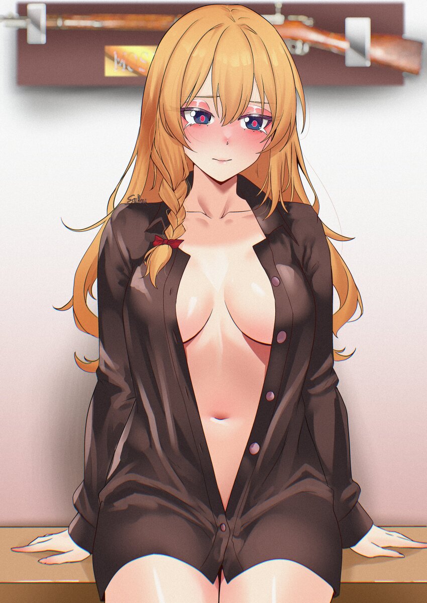 1girl, absurdres, alternate_costume, blonde_hair, blue_eyes, blush, bolt_action, braid, breasts, breasts_apart, brown_shirt, closed_mouth, collarbone, commentary, english_commentary, fukou, girls'_frontline, girls'_frontline_2:_exilium, gun, hair_between_eyes, highres, long_hair, mosin-nagant, mosin-nagant_(girls'_frontline), mosin-nagant_(girls'_frontline_2), navel, partially_unbuttoned, red_pupils, rifle, shirt, sitting, solo, weapon