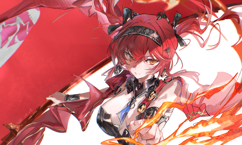 1girl, absurdres, black_bow, bow, breasts, chromatic_aberration, collar, commentary