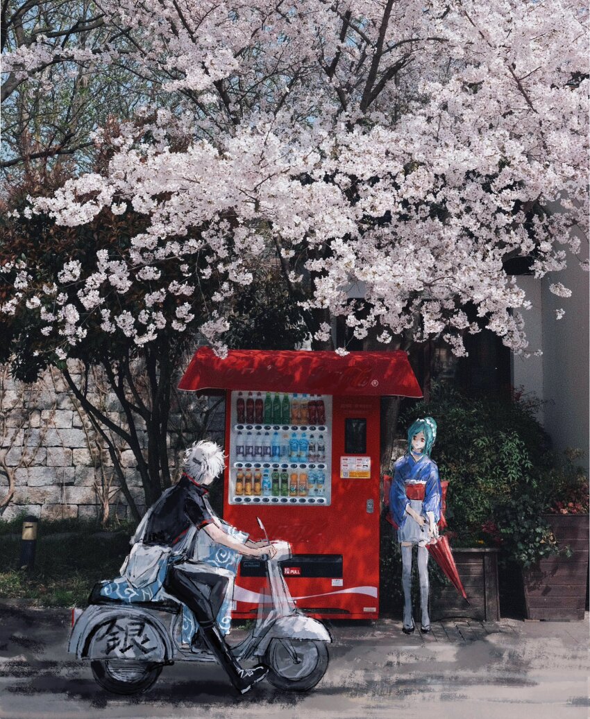 1boy, 1girl, black_boots, blue_kimono, boots, can, cherry_blossoms, commentary_request, gintama, green_hair, hadanugi_dousa, highres, holding, holding_umbrella, japanese_clothes, kimono, lushu_kuye, motor_vehicle, motorcycle, oil-paper_umbrella, on_scooter, open_kimono, outdoors, photo_background, red_eyes, sakata_gintoki, sash, scooter, short_hair, sitting, skirt, tama_(gintama), thighhighs, tree, umbrella, vending_machine, white_hair, white_kimono