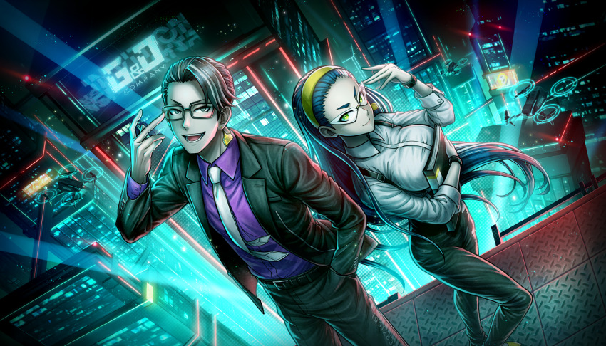 1boy, 1girl, :d, adjusting_eyewear, belt, black_belt, black_hair, black_jacket