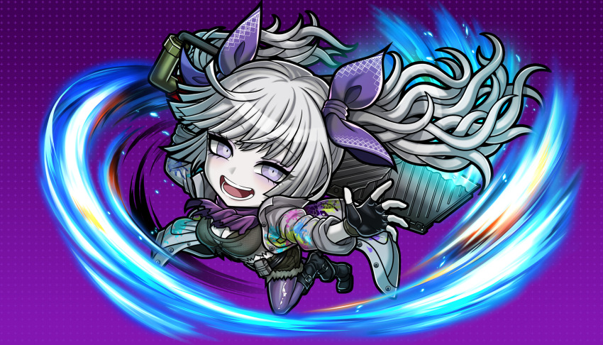 1girl, :d, black_boots, black_gloves, boots, chibi, chibi_only, denim