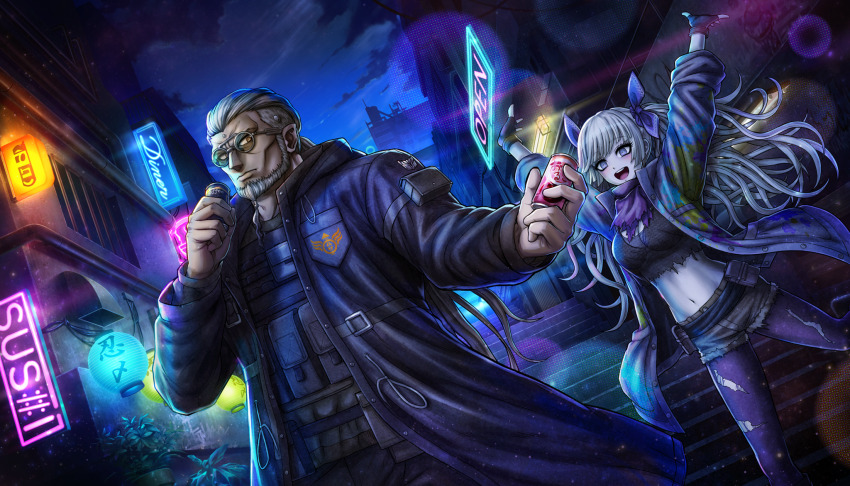 1boy, 1girl, :d, arms_up, beard, black_coat, black_gloves, black_shirt, can, coat, crop_top, denim, denim_shorts, expressionless, facial_hair, fingerless_gloves, gloves, grey_hair, highres, holding, holding_can, long_hair, looking_at_another, looking_at_object, male_focus, midriff, navel, neon_sign, non-web_source, official_art, open_mouth, pantyhose, ponytail, purple_eyes, purple_pantyhose, saigo_roku, scarf, shirt, shorts, smile, torn_clothes, torn_pantyhose, torn_scarf, torn_shirt, tribe_nine, twintails, utility_vest, vest, yukigaya_enoki