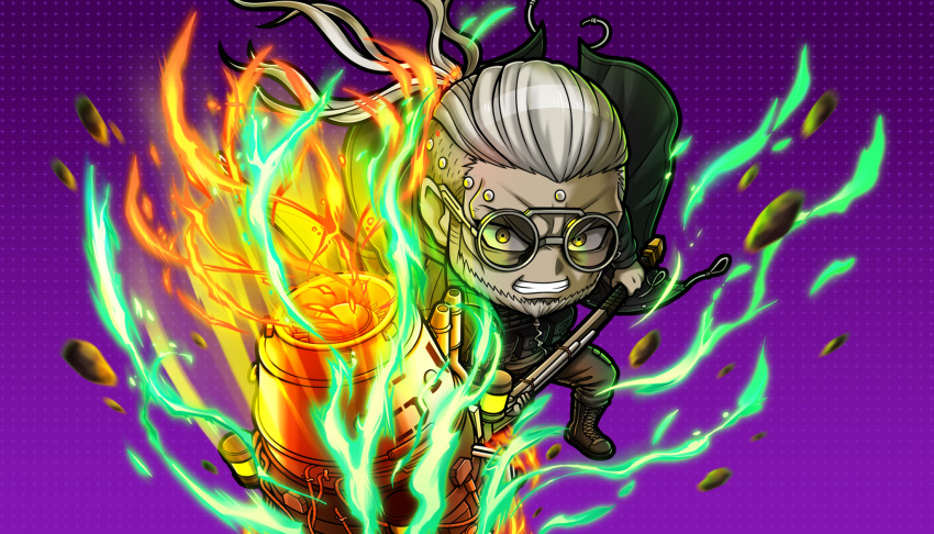 1boy, beard, boots, brown_eyes, chibi, chibi_only, clenched_teeth, facial_hair