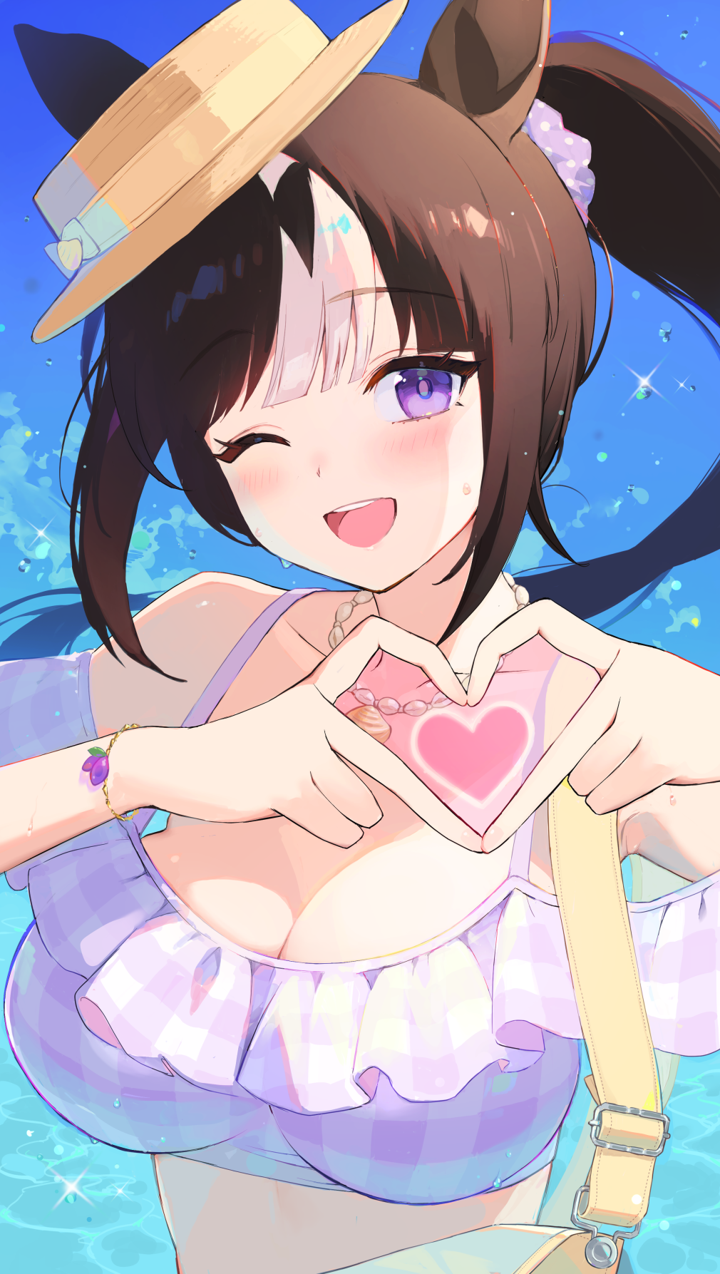 1girl, ;d, animal_ears, bikini, blush, breasts, brown_hair, cleavage