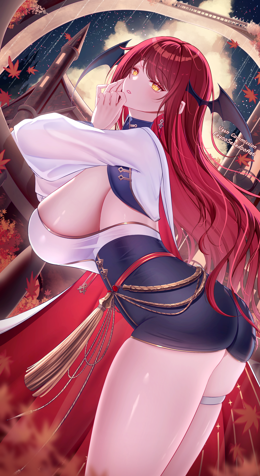 1girl, addie_wyvernhart, aegis-link, ass, autumn_leaves, black_shorts, black_wings, breasts, commission, cowboy_shot, demon_wings, dutch_angle, eeyoosekedooaat, from_side, gold_trim, head_wings, high-waist_shorts, highres, huge_breasts, leaf, long_hair, long_sleeves, looking_at_viewer, looking_to_the_side, red_hair, see-through_clothes, see-through_shirt, shiny_skin, shirt, shorts, sideboob, sideless_shirt, solo, thigh_strap, very_long_hair, vgen_commission, virtual_youtuber, white_shirt, wings, yellow_eyes