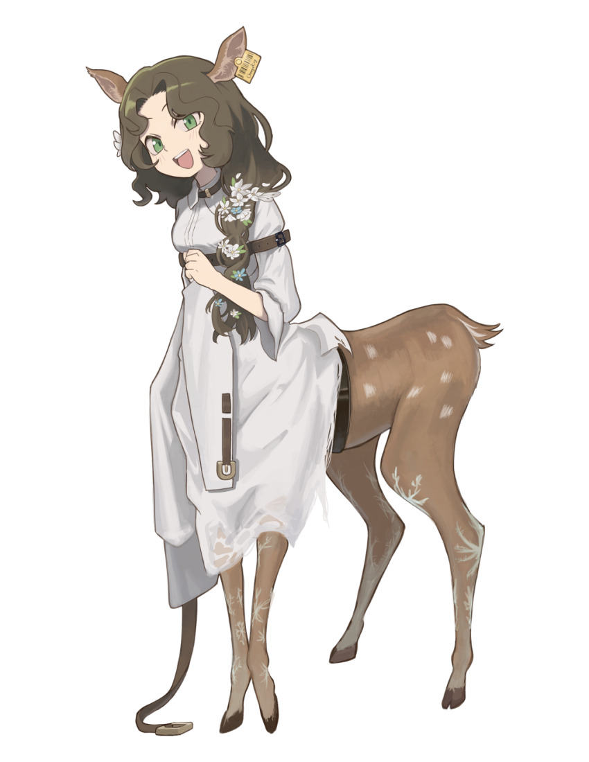 1girl, :d, animal_ears, arm_belt, asymmetrical_sleeves, belt, breasts, brown_belt