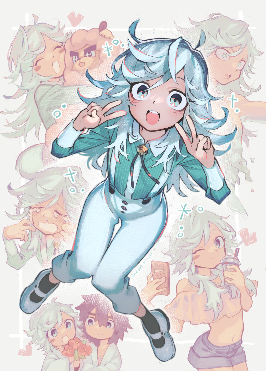 2boys, androgynous, bolo_tie, brothers, cellphone, cup, double_v, eyelashes