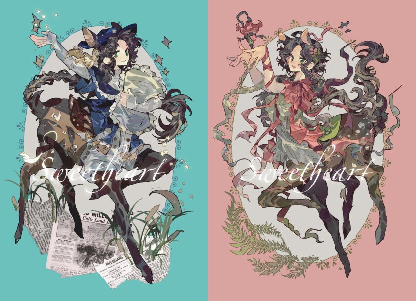 1girl, :d, animal_ears, arm_up, blue_hat, blue_shirt, brown_hair, centauroid