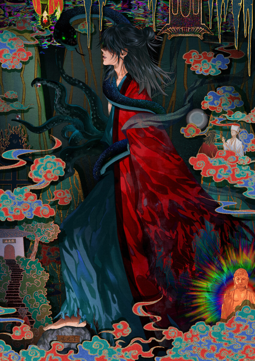 2boys, absurdres, animal, architecture, barefoot, black_hair, black_hanfu, black_shawl, buddha, chinese_clothes, chinese_commentary, cloud, coat, covered_eyes, creature, dao_gui_yi_xian, east_asian_architecture, eyeball, from_side, full_body, gongqiana, hair_bun, hair_over_eyes, half_updo, hanfu, highres, li_huowang, li_sui_(tentacles), long_hair, long_sleeves, male_focus, multiple_boys, parted_lips, profile, red_coat, robe, shawl, single_hair_bun, sleeves_past_fingers, sleeves_past_wrists, snake, snake_bondage, solo, solo_focus, standing, statue, tentacles, torn_clothes, tree, wide_sleeves, xiangyun, zhuge_yuan