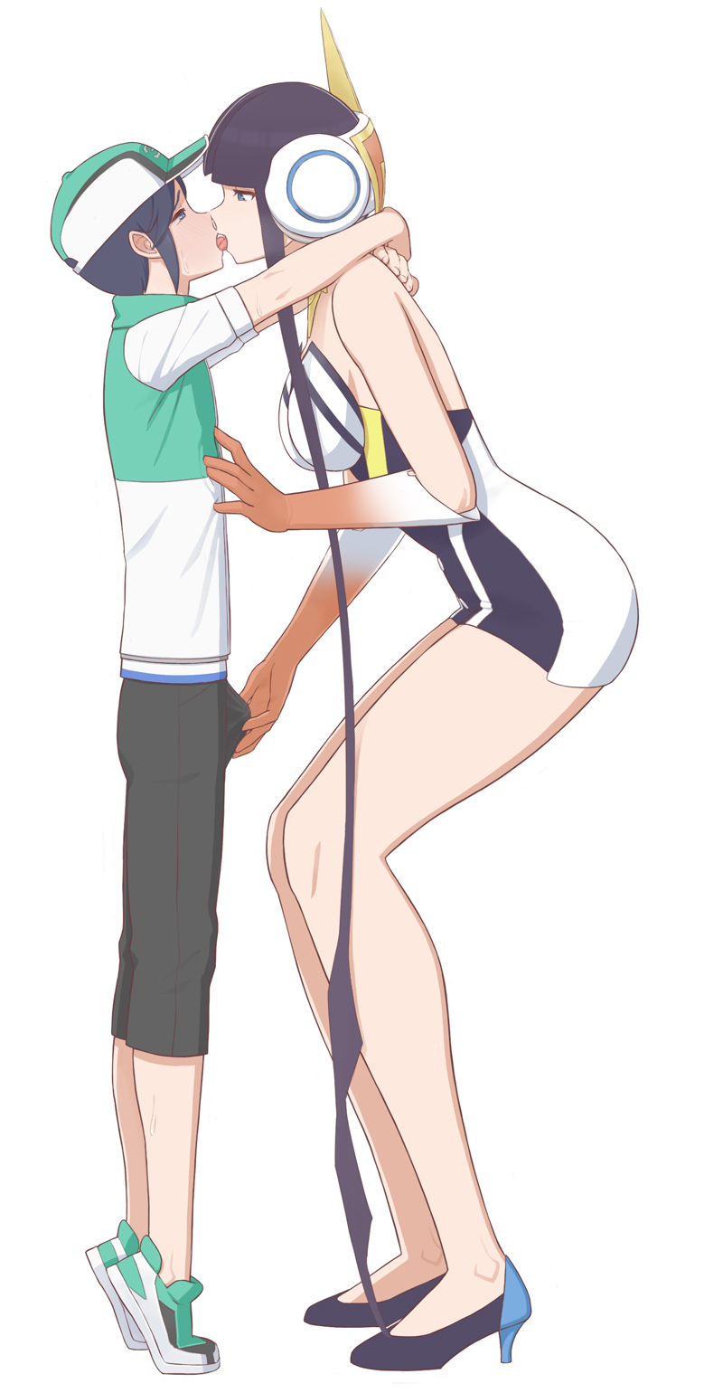 1boy, 1girl, age_difference, blush, bulge, elesa_(pokemon), elesa_(sygna_suit)_(pokemon), erection, erection_under_clothes, eye_contact, full_body, height_difference, highres, kiss, looking_at_another, mizuno_(pixiv31352320), nintendo, onee-shota, pokemon, pokemon_masters_ex, scottie_(pokemon), simple_background, size_difference, tall_female, white_background