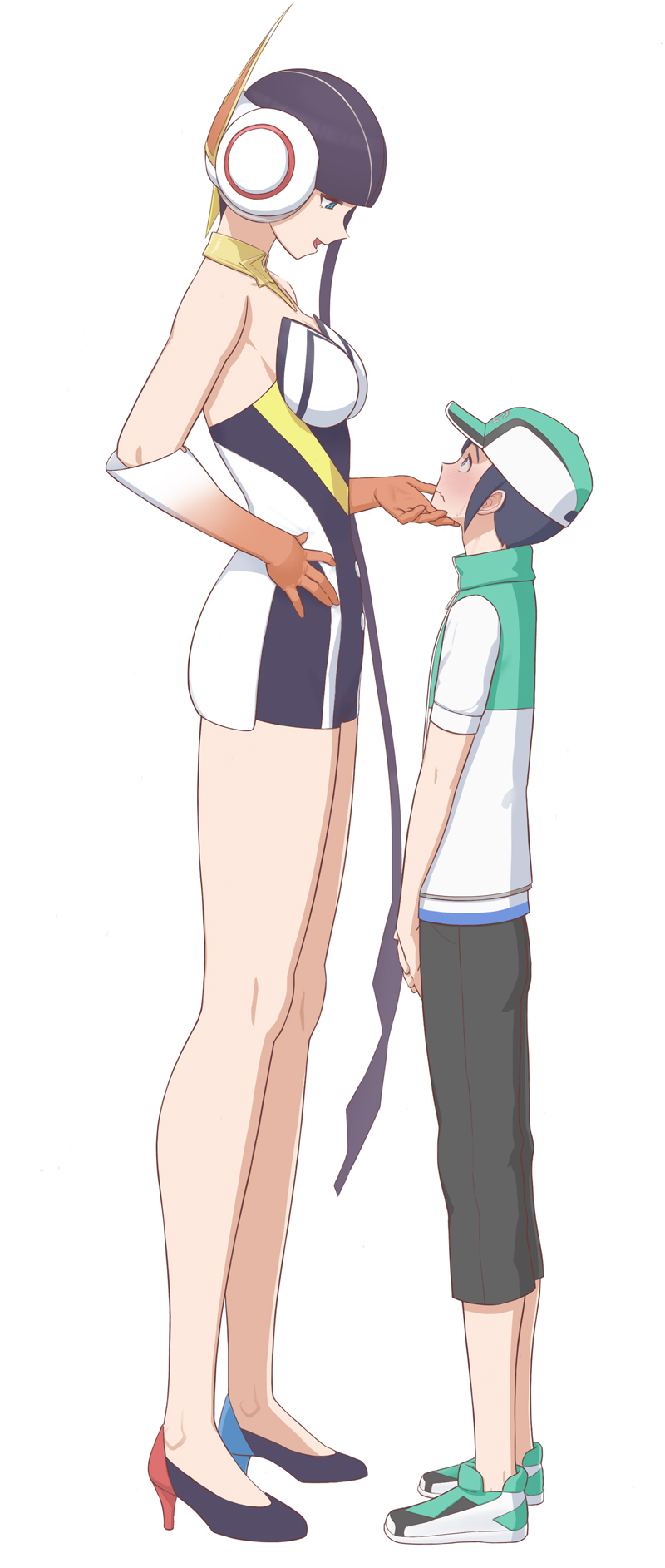 1boy, 1girl, age_difference, blush, elesa_(pokemon), elesa_(sygna_suit)_(pokemon), eye_contact, full_body, highres, looking_at_another, mizuno_(pixiv31352320), nintendo, onee-shota, pokemon, pokemon_masters_ex, scottie_(pokemon), simple_background, size_difference, tall_female, white_background