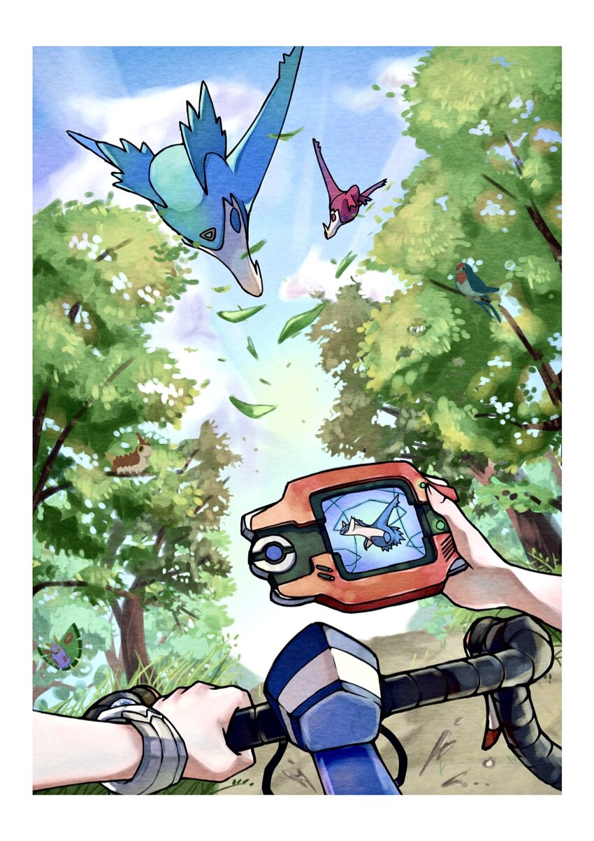 1other, bicycle, bird, blue_sky, border, bracelet, cloud, dirt_road