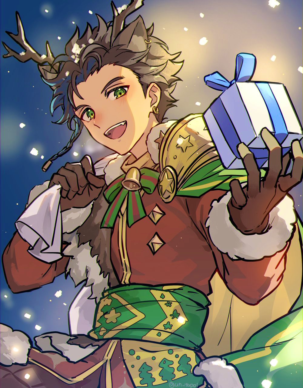 1boy, antlers, brown_hair, claude_von_riegan, claude_von_riegan_(yuletide_schemer), dark-skinned_male, dark_skin, fire_emblem