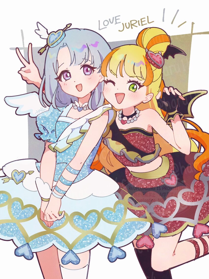 2girls, :d, ;d, ankle_strap, arm_strap, artist_name, asymmetrical_dress, bare_arms