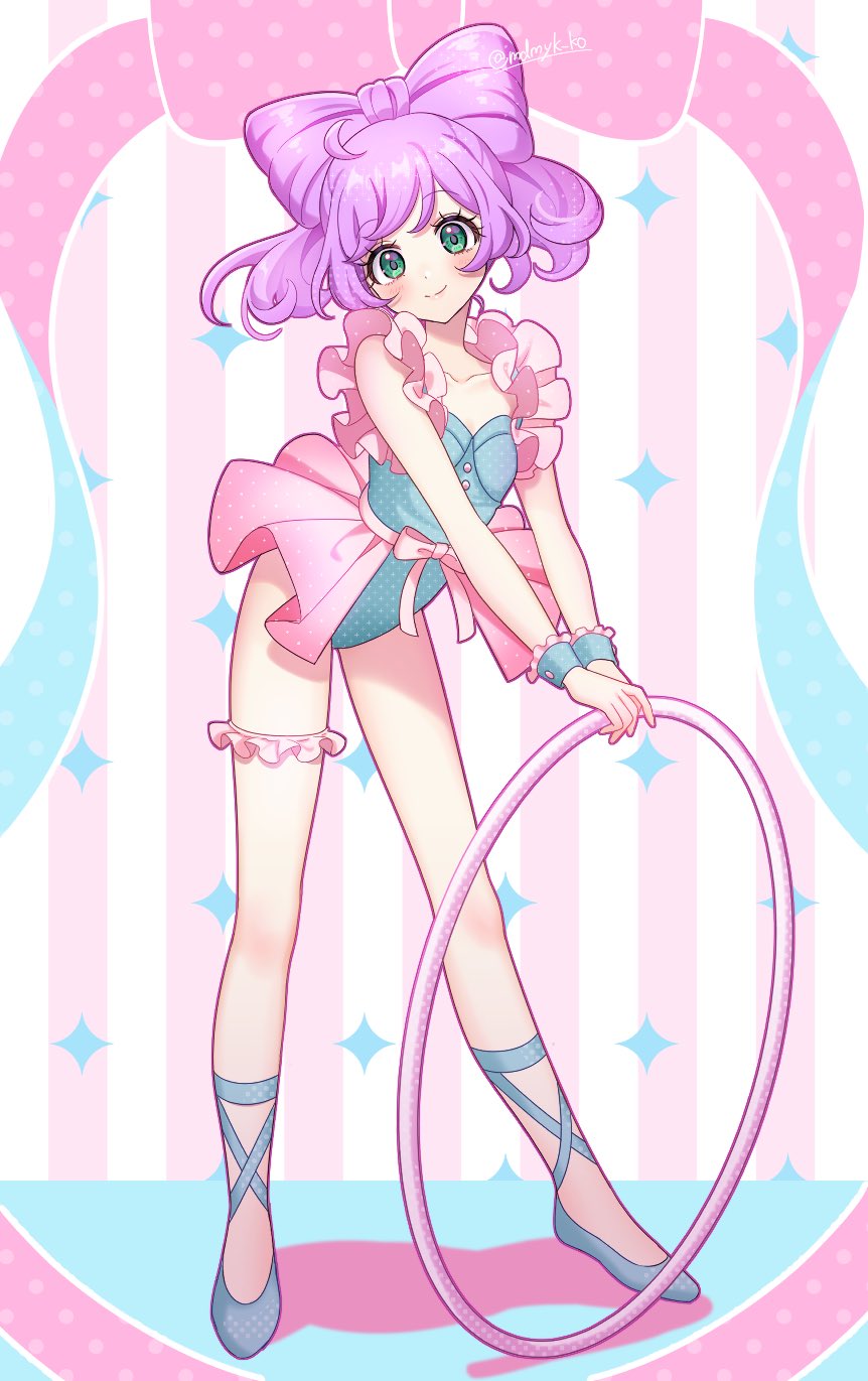 1girl, bare_arms, blue_leotard, blue_shoes, blue_wrist_cuffs, blush, bow, bow-shaped_hair