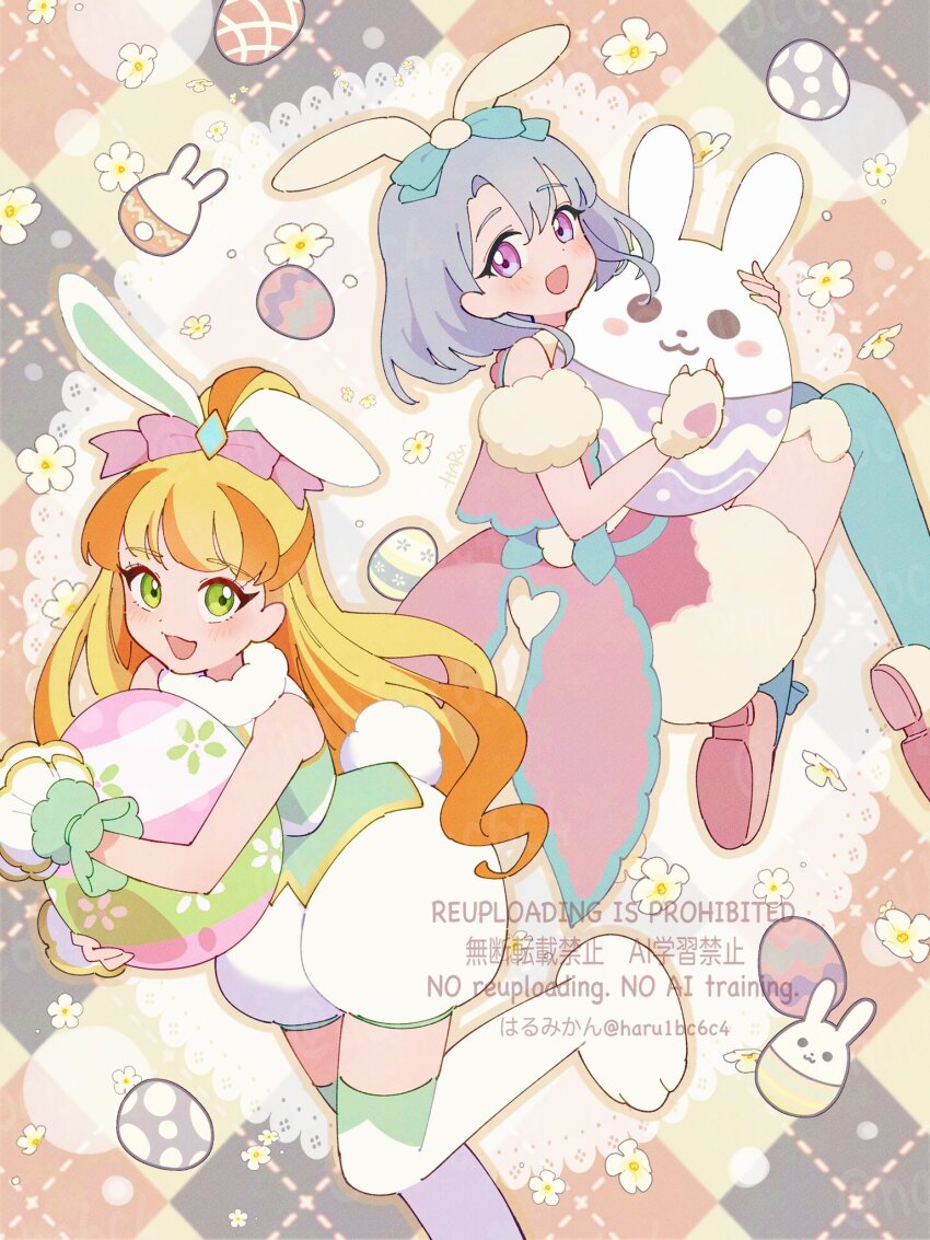 2girls, :d, animal_ears, artist_name, bare_arms, bare_shoulders, blonde_hair, blue_thighhighs