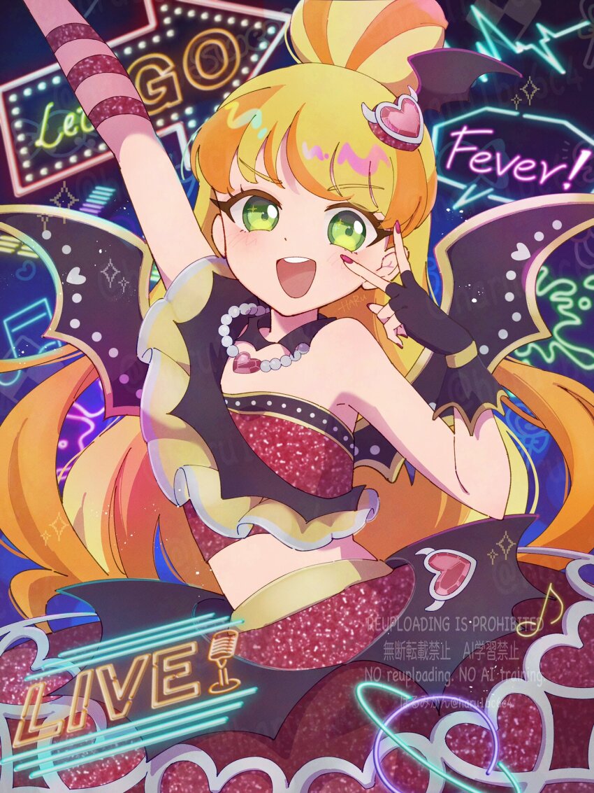 1girl, :d, arm_strap, arm_up, artist_name, asymmetrical_clothes, asymmetrical_shirt, black_gloves