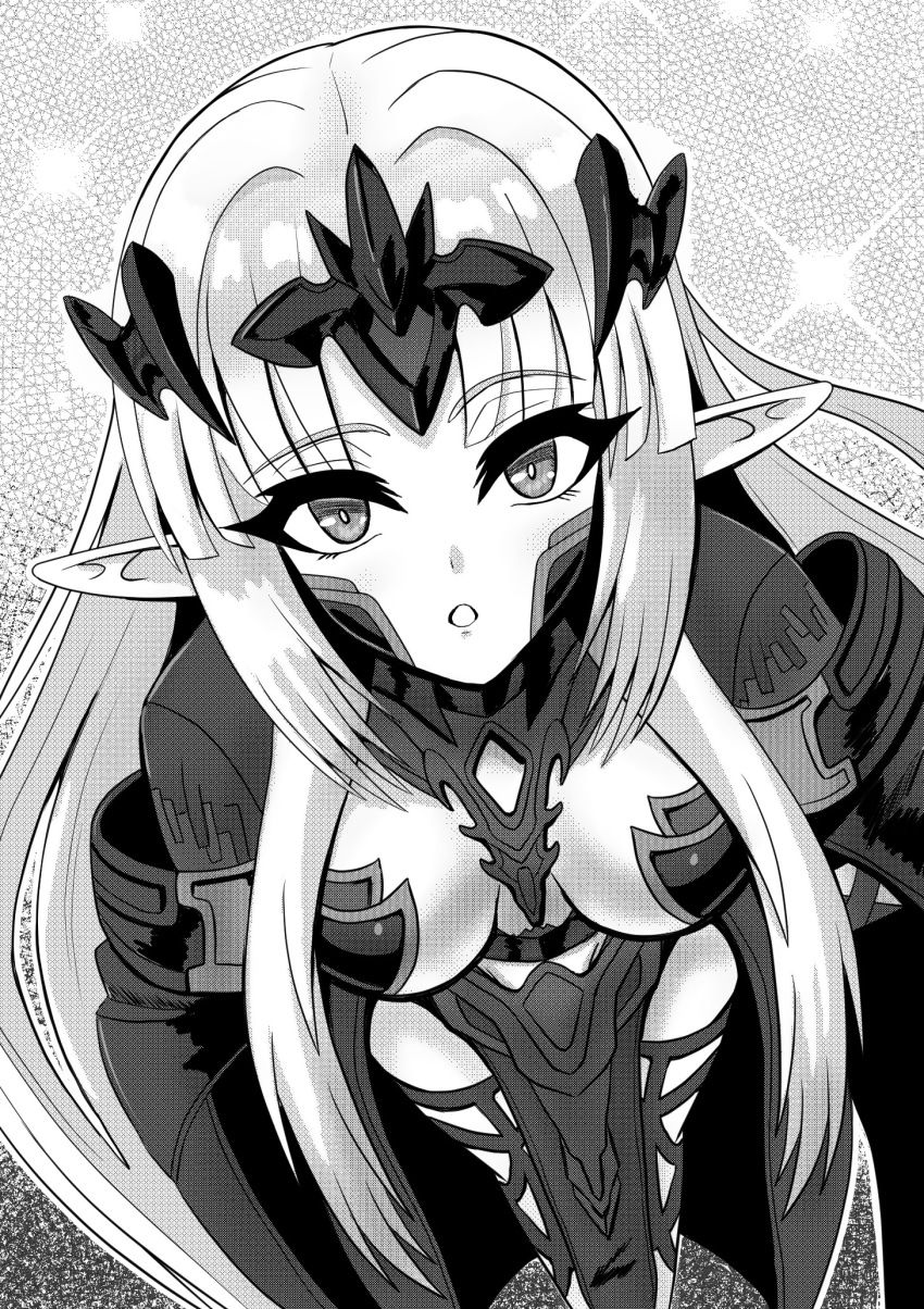 1girl, :o, armor, breasts, elf, greyscale, hair_ornament, highres