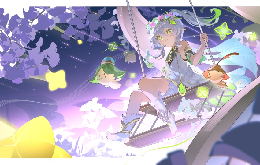 1girl, absurdres, aranara_(genshin_impact), bare_shoulders, cross-shaped_pupils, daydream_forester, dress, flower, genshin_impact, gradient_hair, green_eyes, green_hair, highres, jewelry, misansan, multicolored_hair, nahida_(genshin_impact), petals, pointy_ears, shooting_star, side_ponytail, star_(sky), swing, symbol-shaped_pupils, white_hair