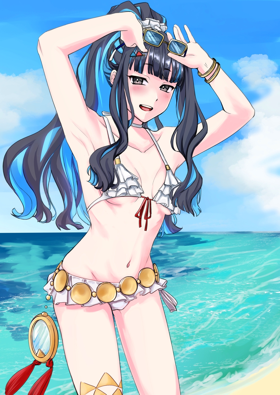 1girl, armpits, arms_up, bare_shoulders, beach, belly_chain, bikini, black_hair, blue_hair, blue_sky, blush, breasts, choker, colored_inner_hair, eyeliner, fate/grand_order, fate_(series), grey_eyes, high_ponytail, highres, jewelry, long_hair, looking_at_viewer, makeup, multicolored_hair, navel, nitosa, open_mouth, ponytail, shore, sidelocks, sky, small_breasts, smile, solo, sunglasses, swimsuit, tenochtitlan_(fate), tenochtitlan_(swimsuit_mooncancer)_(fate), tenochtitlan_(swimsuit_mooncancer)_(first_ascension)_(fate), thighs, white_bikini