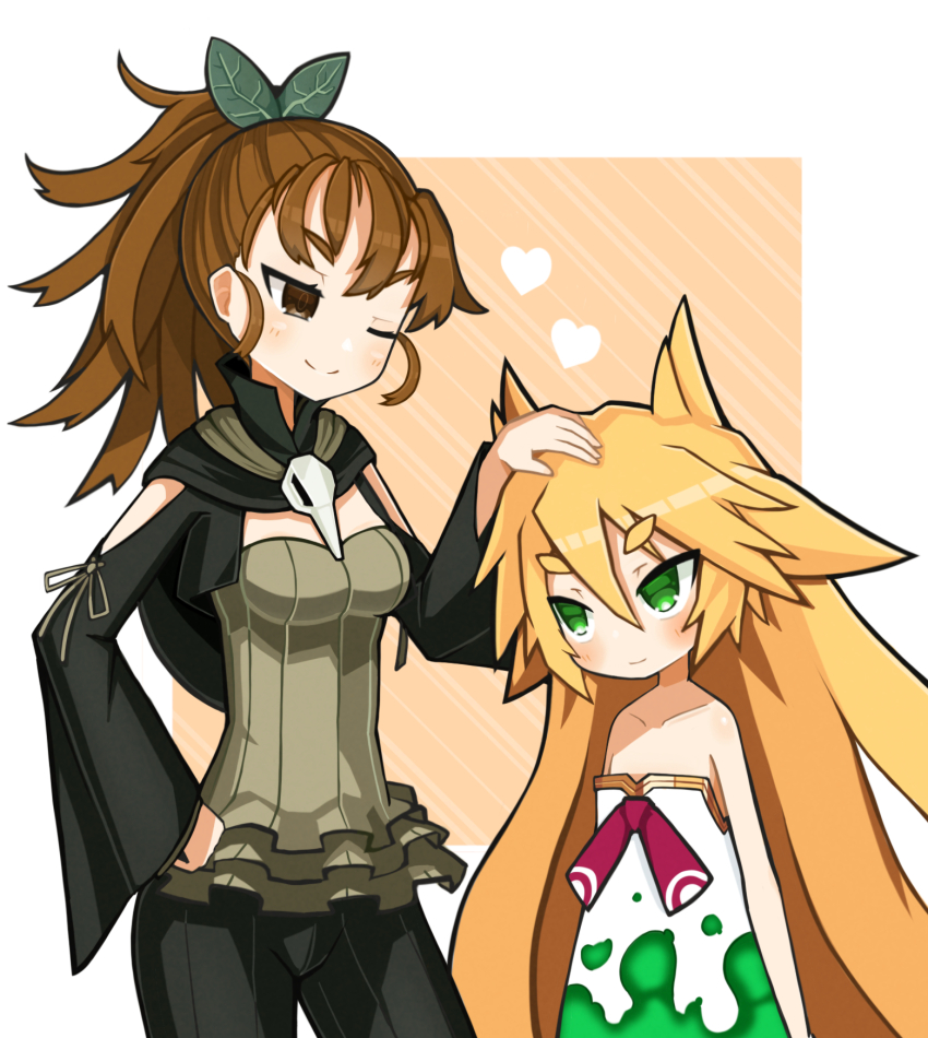 2girls, bare_shoulders, black_cape, black_pants, blonde_hair, blush, border, breasts