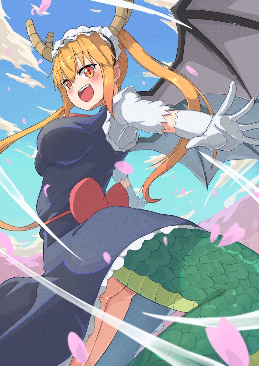 1girl, arms_at_sides, ass, ass_peek, back_bow, black_wings, blonde_hair, blue_dress