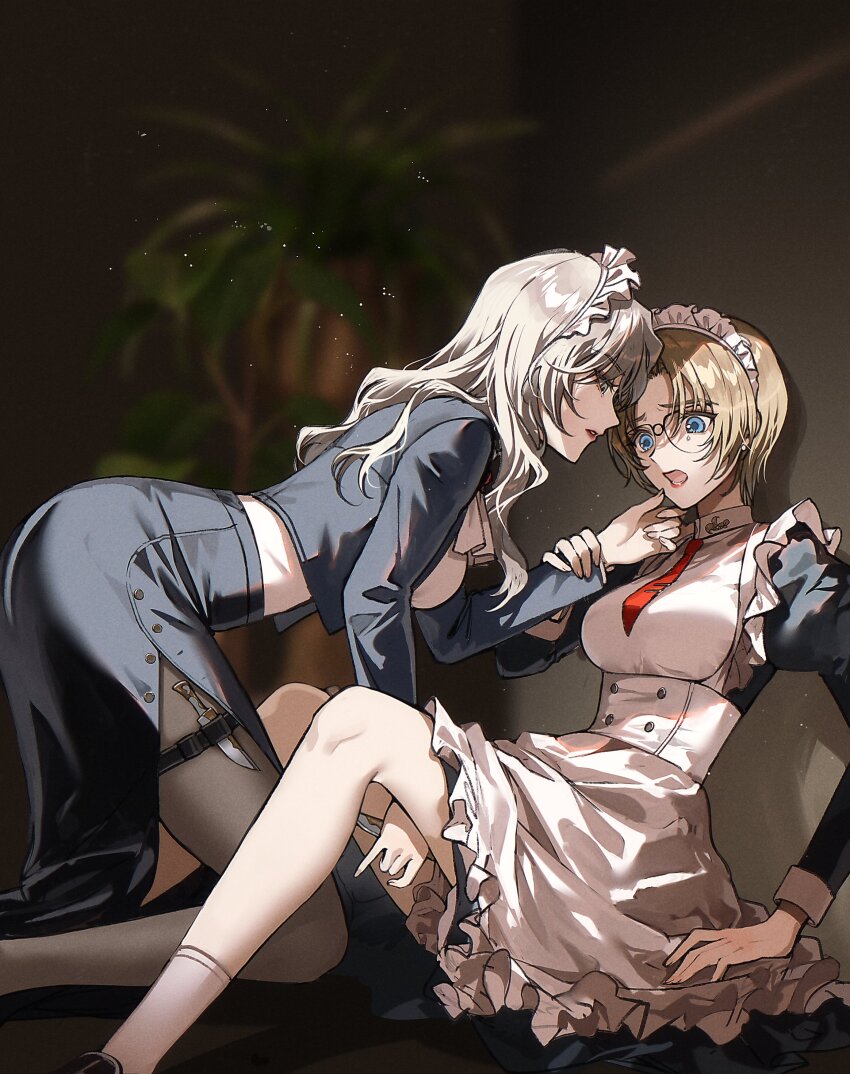 2girls, absurdres, apron, black_dress, black_jacket, black_shoes, black_skirt, blonde_hair