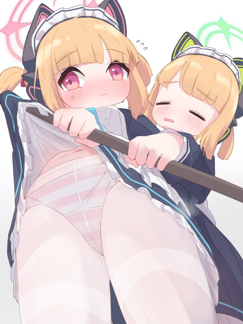 1girl, ahoge, animal_ears, blonde_hair, blue_archive, blunt_bangs, blush, clothes_lift, crotch_seam, dress, dress_lift, fake_animal_ears, flying_sweatdrops, from_below, green_halo, halo, highres, holding, long_hair, looking_at_viewer, maid, maid_headdress, midori_(blue_archive), midori_(maid)_(blue_archive), momoi_(blue_archive), momoi_(maid)_(blue_archive), navel, official_alternate_costume, official_alternate_hairstyle, panties, panties_under_pantyhose, pantyhose, pink_halo, sarutori, siblings, sidelocks, sisters, steam, striped_clothes, striped_panties, thighband_pantyhose, twins, twintails, underwear, white_background, white_pantyhose
