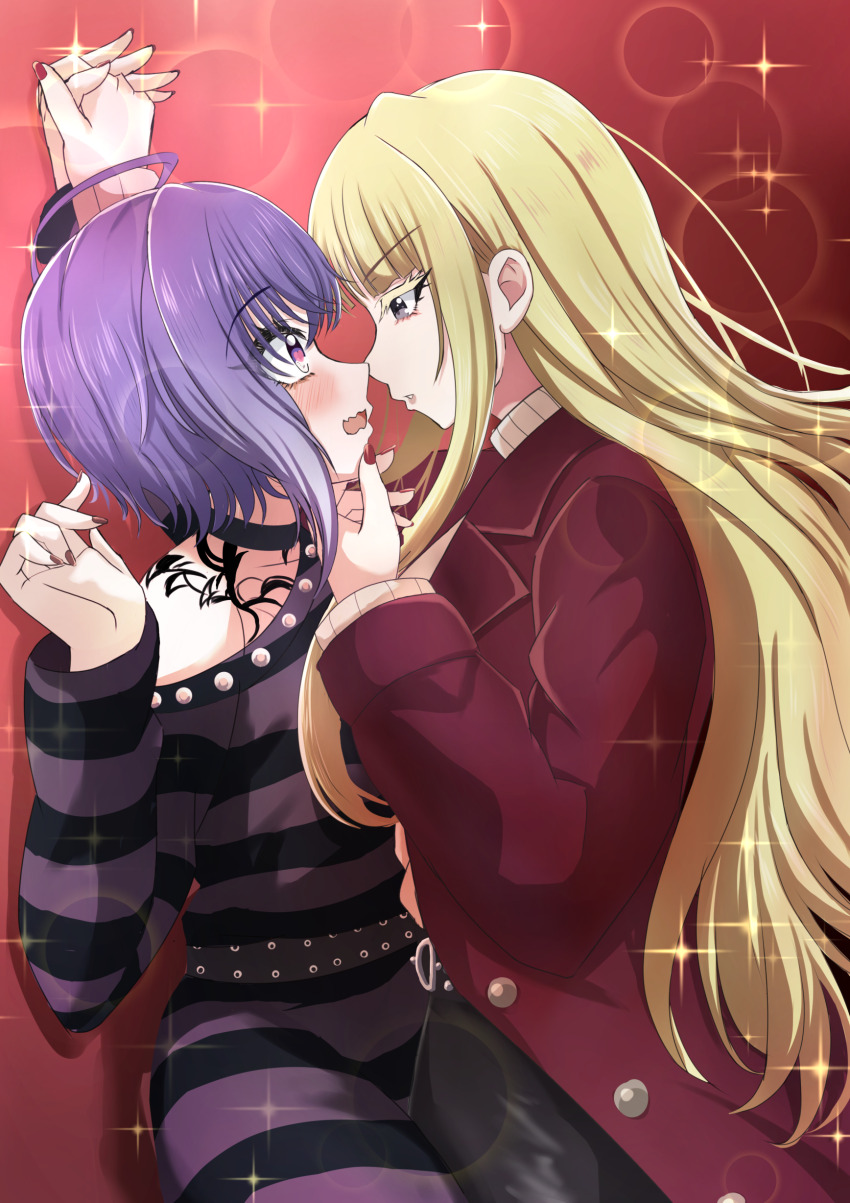 2girls, absurdres, black_choker, blonde_hair, blush, choker, coat, commentary_request