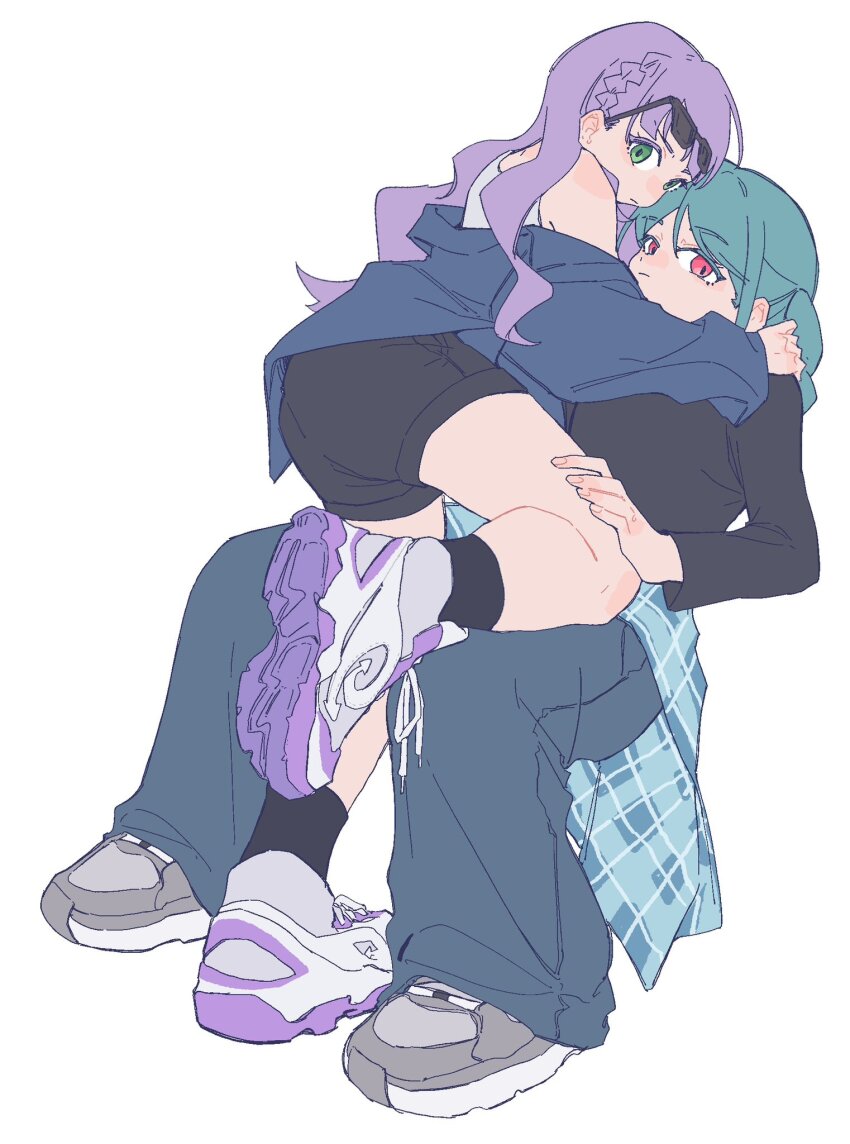 2girls, black_shirt, black_shorts, blue_jacket, blue_pants, braid, closed_mouth, commentary, green_eyes, green_hair, grey_shoes, hand_on_another's_leg, hand_on_another's_shoulder, highres, jacket, kawa_(chuan_kawa_), long_hair, long_sleeves, looking_at_viewer, love_live!, love_live!_superstar!!, multiple_girls, on_lap, onitsuka_tomari, pants, purple_hair, purple_shoes, red_eyes, shirt, shoes, shorts, side_braid, simple_background, sneakers, sunglasses, tank_top, white_background, white_tank_top, wien_margarete, yuri